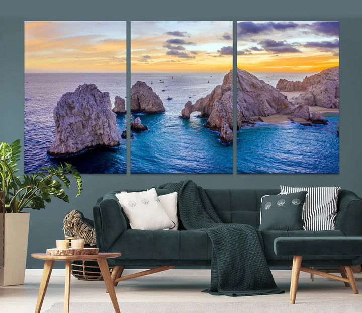 Rock Formations in Ocean Wall Art Canvas Print Beach Sunset Printing