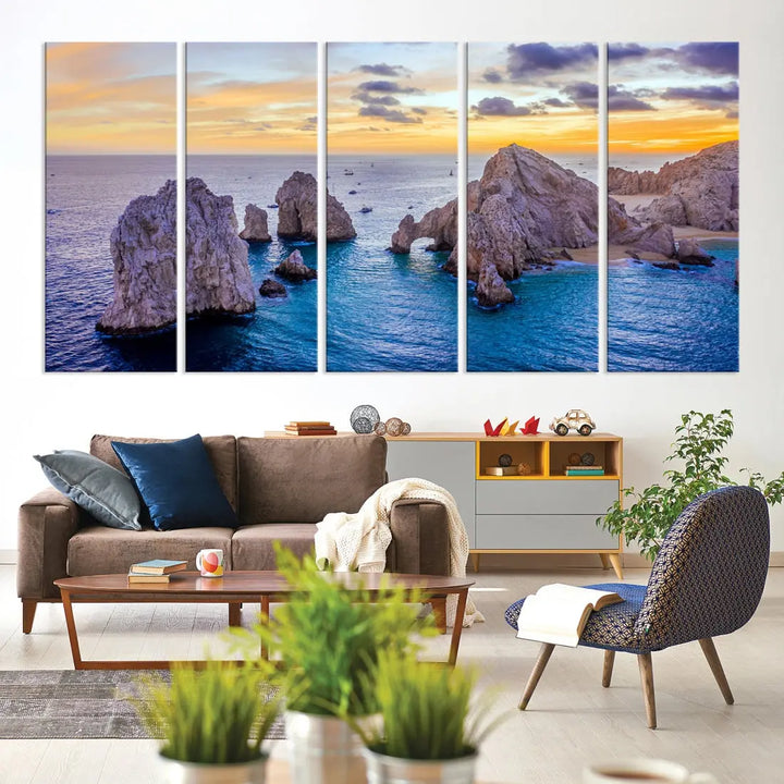 Rock Formations in Ocean Wall Art Canvas Print Beach Sunset Printing