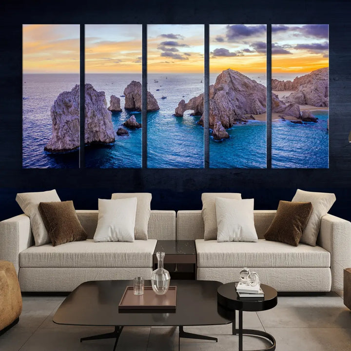 Rock Formations in Ocean Wall Art Canvas Print Beach Sunset Printing