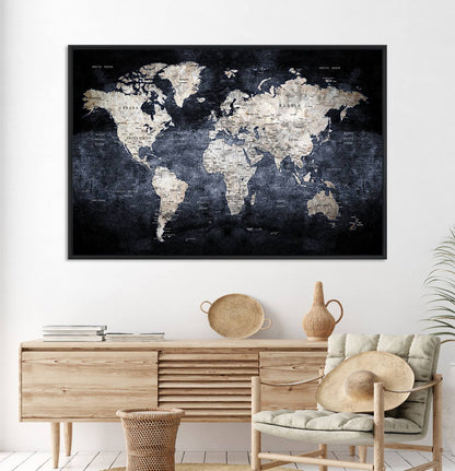 82598-MGV-CV-36X24-Rustic Black and Bronz World Map Canvas – Vintage-Inspired Triptych – Large Wall Art for Living Room