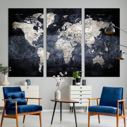 82598-MGV-CV-36X24-Rustic Black and Bronz World Map Canvas – Vintage-Inspired Triptych – Large Wall Art for Living Room