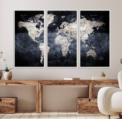 82598-MGV-CV-36X24-Rustic Black and Bronz World Map Canvas – Vintage-Inspired Triptych – Large Wall Art for Living Room