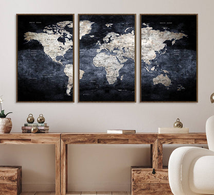 82598-MGV-CV-36X24-Rustic Black and Bronz World Map Canvas – Vintage-Inspired Triptych – Large Wall Art for Living Room