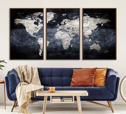 82598-MGV-CV-36X24-Rustic Black and Bronz World Map Canvas – Vintage-Inspired Triptych – Large Wall Art for Living Room