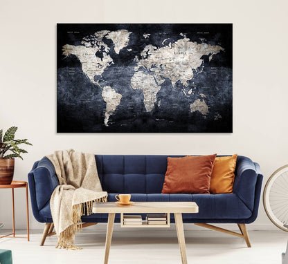 82598-MGV-CV-36X24-Rustic Black and Bronz World Map Canvas – Vintage-Inspired Triptych – Large Wall Art for Living Room
