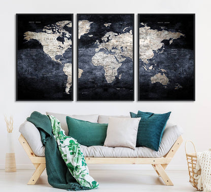82598-MGV-CV-36X24-Rustic Black and Bronz World Map Canvas – Vintage-Inspired Triptych – Large Wall Art for Living Room