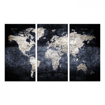 82598-MGV-CV-48X32-3P-Rustic Black and Bronz World Map Canvas – Vintage-Inspired Triptych – Large Wall Art for Living Room