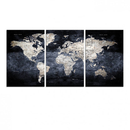 82598-MGV-CV-60X30-3P-Rustic Black and Bronz World Map Canvas – Vintage-Inspired Triptych – Large Wall Art for Living Room