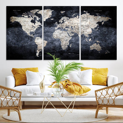 82598-MGV-CV-36X24-Rustic Black and Bronz World Map Canvas – Vintage-Inspired Triptych – Large Wall Art for Living Room