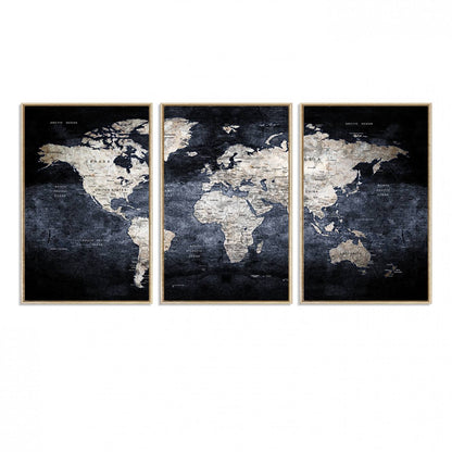 82598-MGV-FC-60X30-3P_Natural-Rustic Black and Bronz World Map Canvas – Vintage-Inspired Triptych – Large Wall Art for Living Room