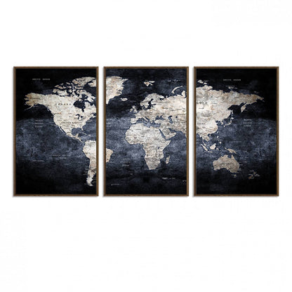 82598-MGV-FC-60X30-3P_Walnut-Rustic Black and Bronz World Map Canvas – Vintage-Inspired Triptych – Large Wall Art for Living Room