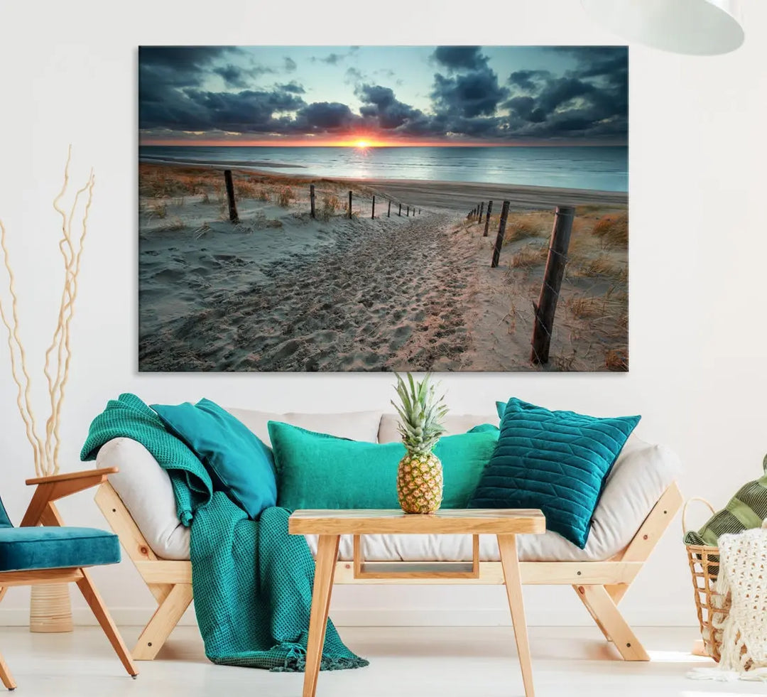 Sandy Beach Path and Sunset Wall Art Canvas Print Large Modern Wall Decor