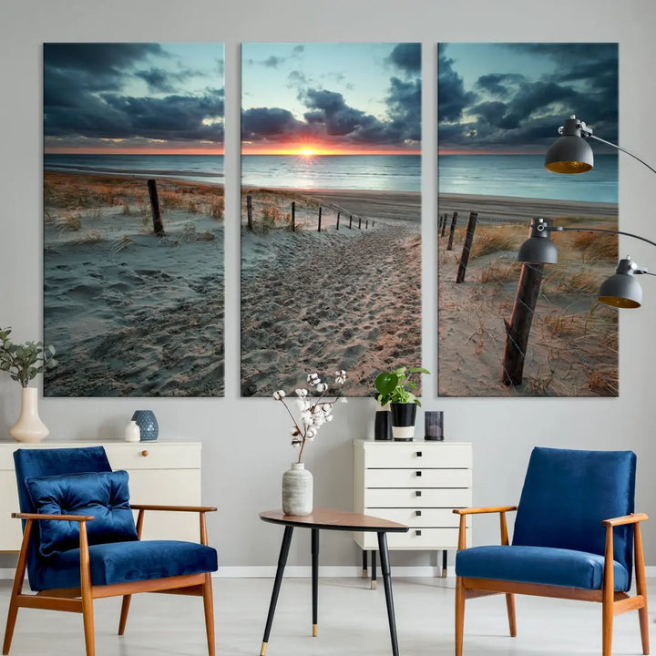 Sandy Beach Path and Sunset Wall Art Canvas Print Large Modern Wall Decor