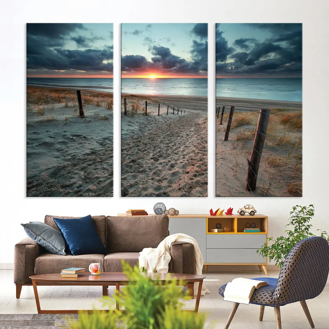 Sandy Beach Path and Sunset Wall Art Canvas Print Large Modern Wall Decor