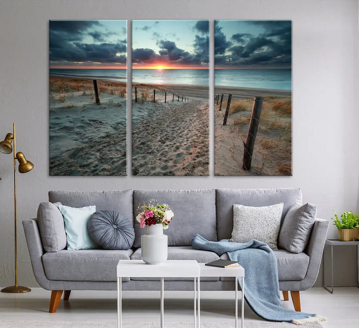 Sandy Beach Path and Sunset Wall Art Canvas Print Large Modern Wall Decor