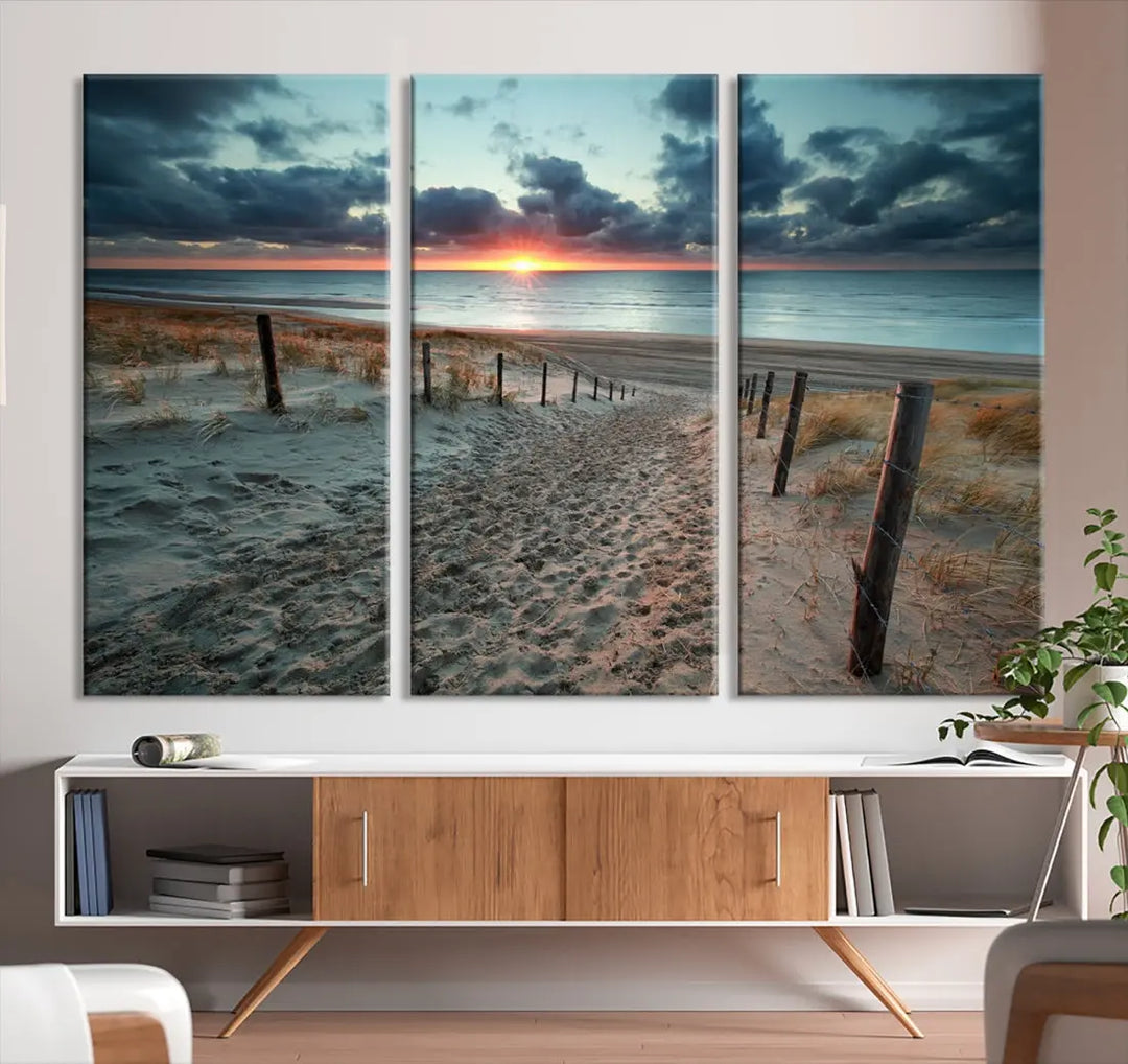 Sandy Beach Path and Sunset Wall Art Canvas Print Large Modern Wall Decor