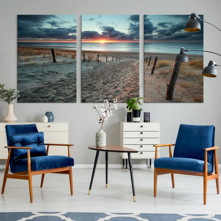 Sandy Beach Path and Sunset Wall Art Canvas Print Large Modern Wall Decor