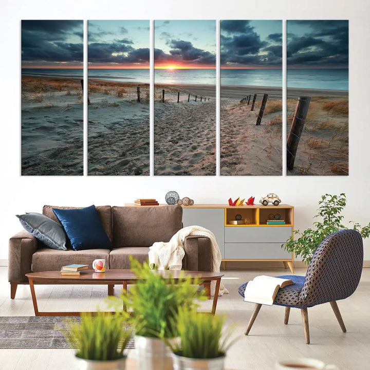 Sandy Beach Path and Sunset Wall Art Canvas Print Large Modern Wall Decor