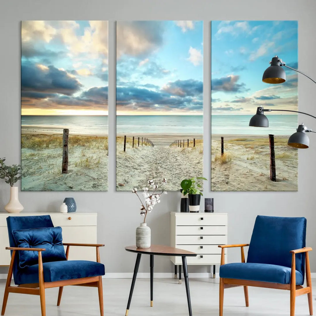 Sandy Beach and Sunset Ocean Nature Photo Wall Art Canvas Print