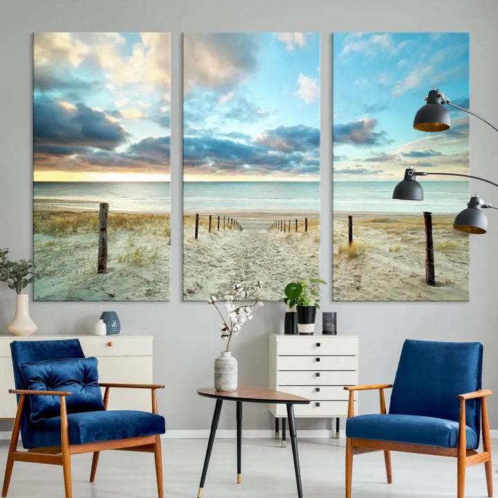 Sandy Beach and Sunset Ocean Nature Photo Wall Art Canvas Print