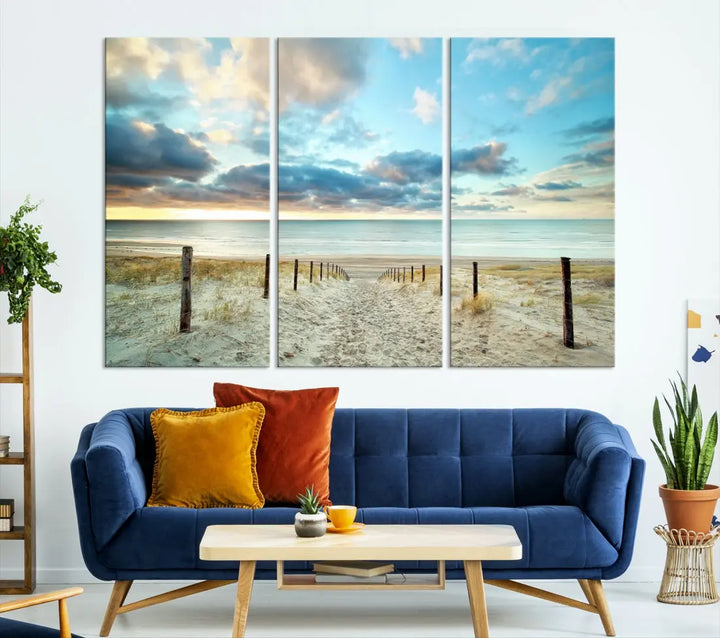 Sandy Beach and Sunset Ocean Nature Photo Wall Art Canvas Print