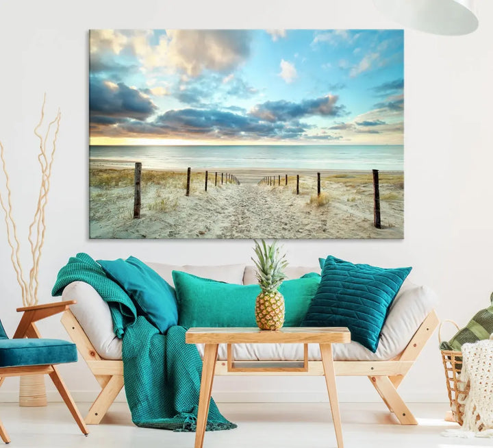 Sandy Beach and Sunset Ocean Nature Photo Wall Art Canvas Print