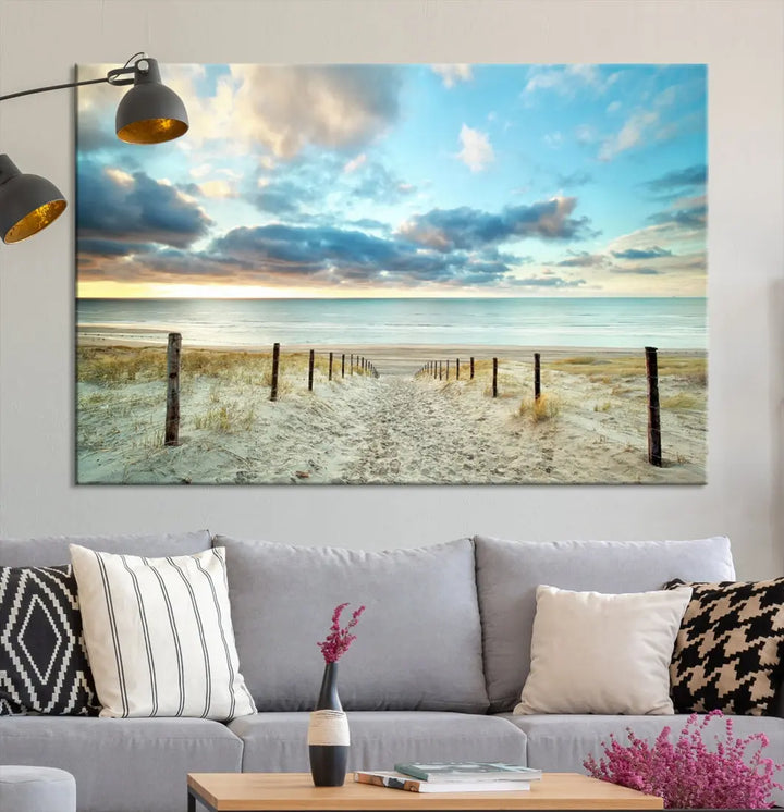 Sandy Beach and Sunset Ocean Nature Photo Wall Art Canvas Print