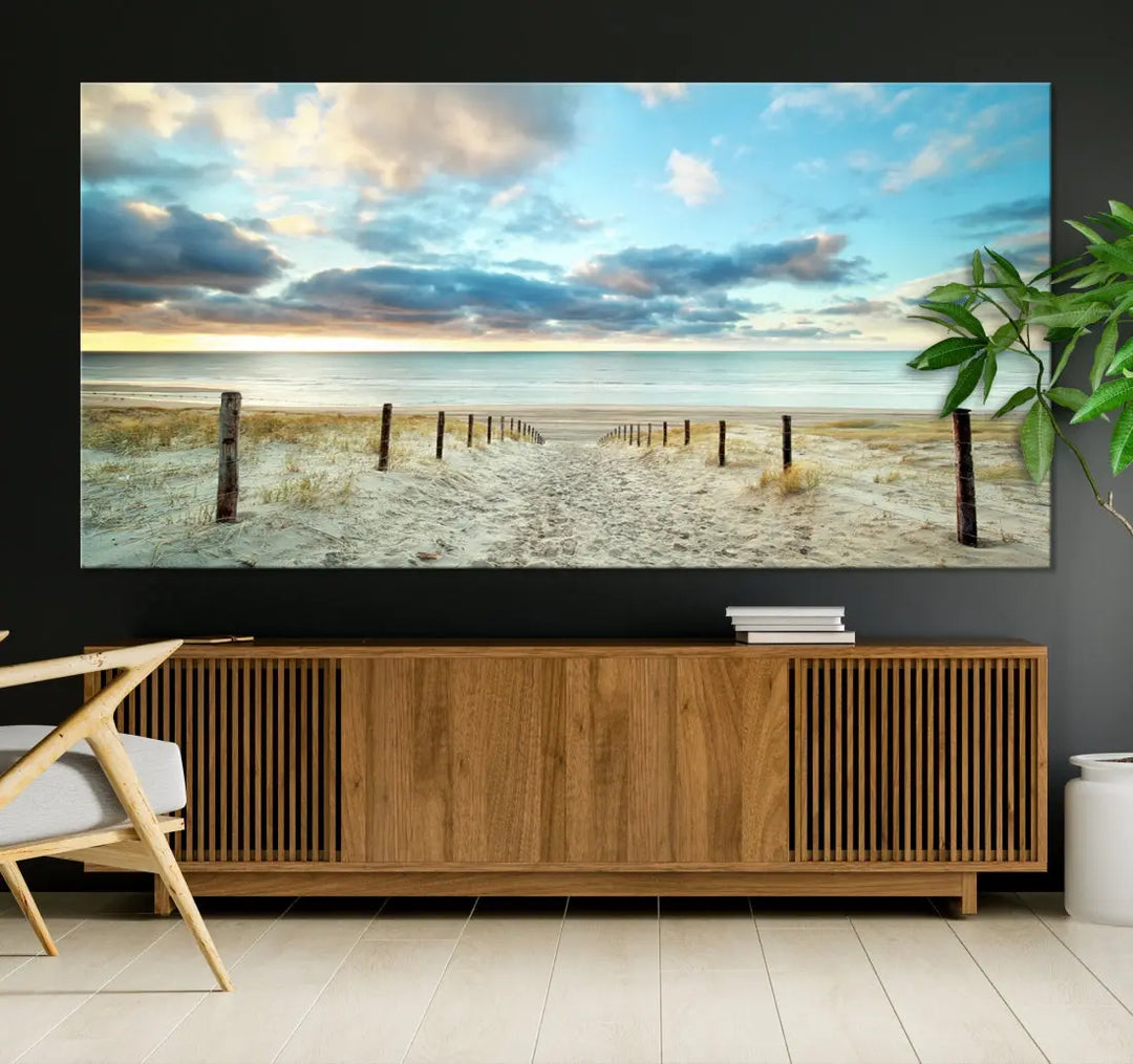 Sandy Beach and Sunset Ocean Nature Photo Wall Art Canvas Print