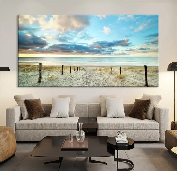 Sandy Beach and Sunset Ocean Nature Photo Wall Art Canvas Print