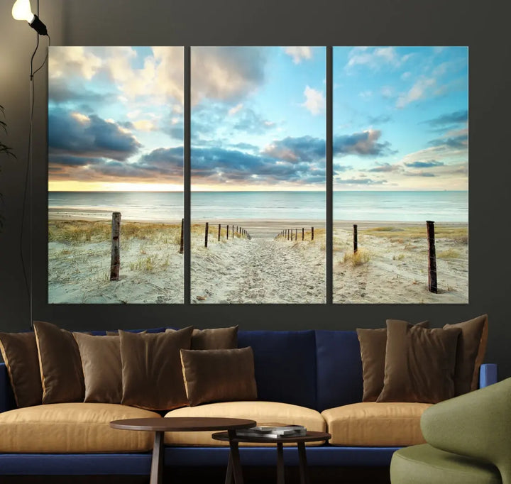 Sandy Beach and Sunset Ocean Nature Photo Wall Art Canvas Print