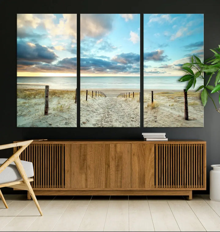 Sandy Beach and Sunset Ocean Nature Photo Wall Art Canvas Print