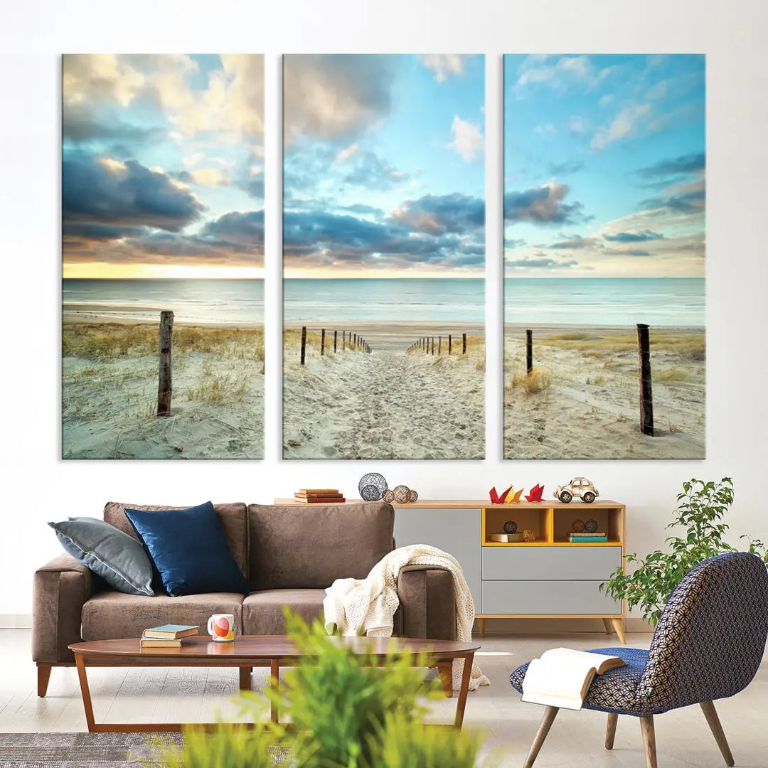 Sandy Beach and Sunset Ocean Nature Photo Wall Art Canvas Print