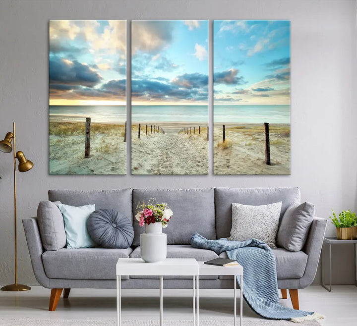 Sandy Beach and Sunset Ocean Nature Photo Wall Art Canvas Print