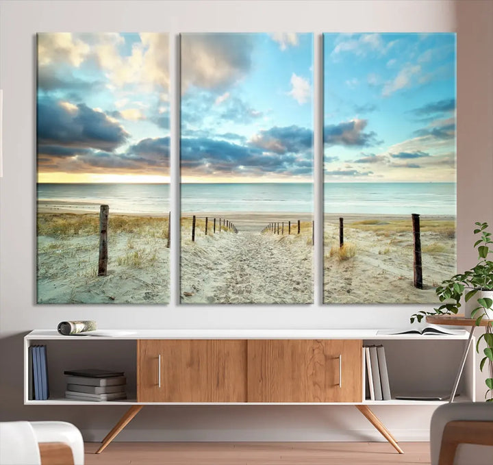 Sandy Beach and Sunset Ocean Nature Photo Wall Art Canvas Print