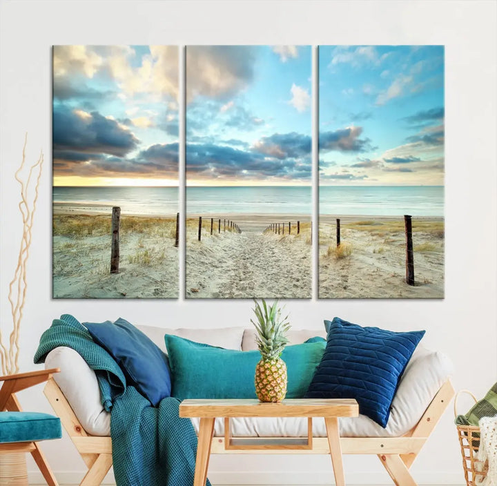 Sandy Beach and Sunset Ocean Nature Photo Wall Art Canvas Print