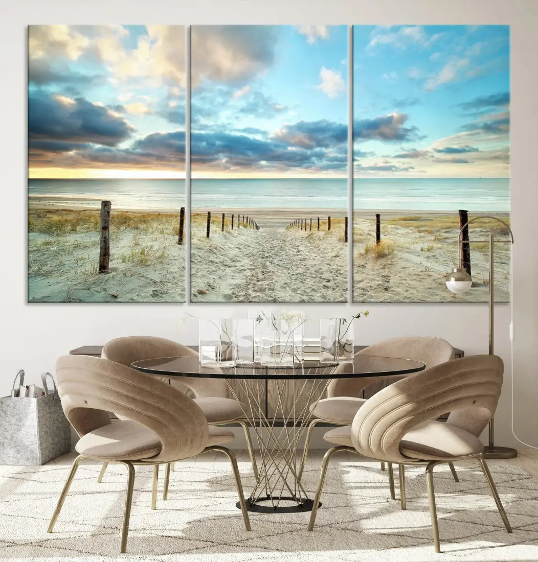 Sandy Beach and Sunset Ocean Nature Photo Wall Art Canvas Print