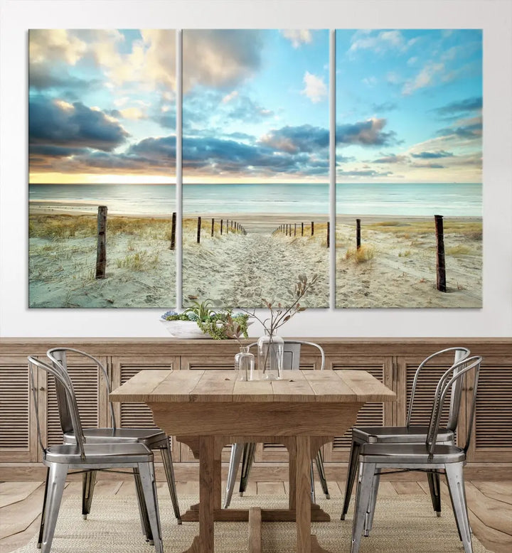 Sandy Beach and Sunset Ocean Nature Photo Wall Art Canvas Print