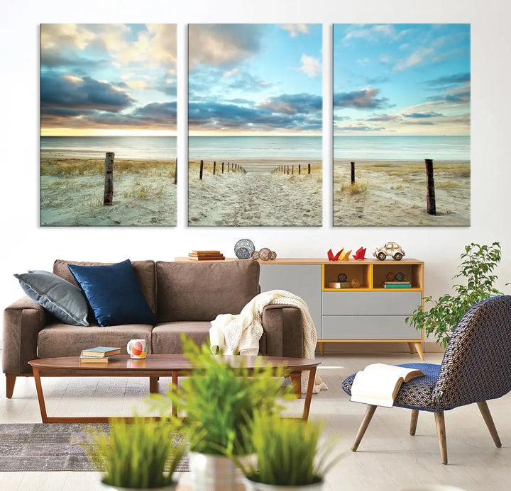 Sandy Beach and Sunset Ocean Nature Photo Wall Art Canvas Print