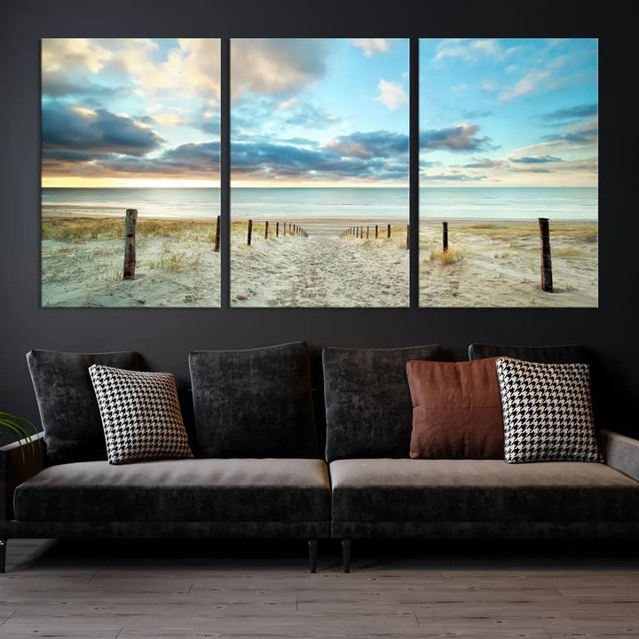 Sandy Beach and Sunset Ocean Nature Photo Wall Art Canvas Print