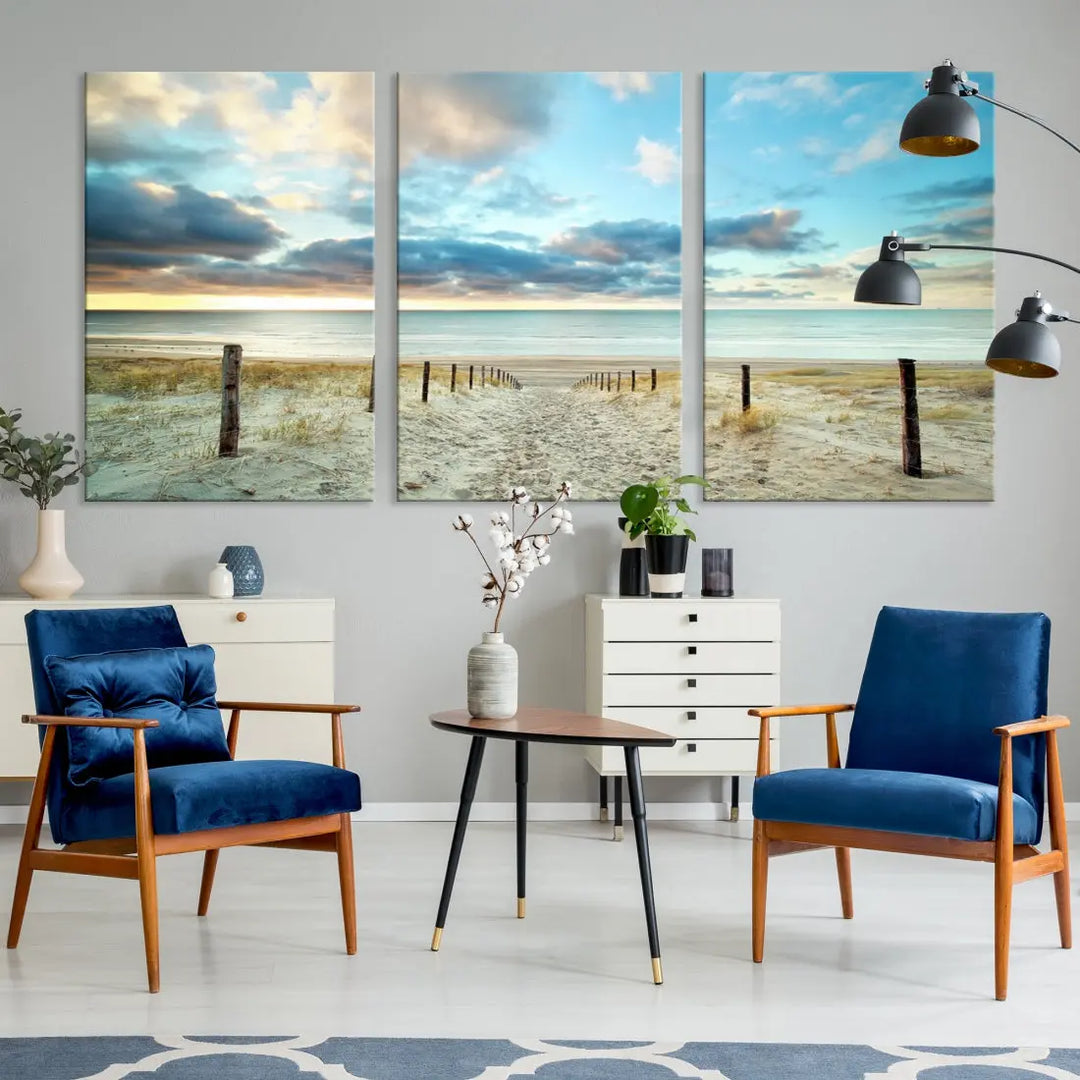 Sandy Beach and Sunset Ocean Nature Photo Wall Art Canvas Print