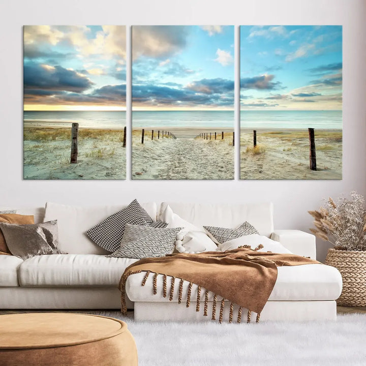 Sandy Beach and Sunset Ocean Nature Photo Wall Art Canvas Print