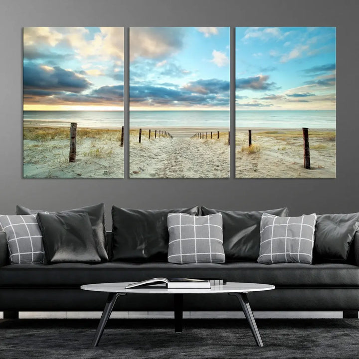 Sandy Beach and Sunset Ocean Nature Photo Wall Art Canvas Print