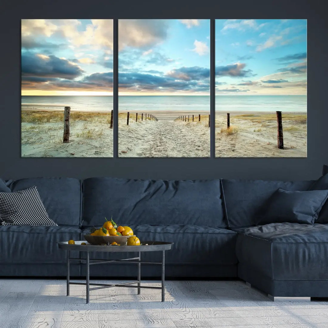 Sandy Beach and Sunset Ocean Nature Photo Wall Art Canvas Print