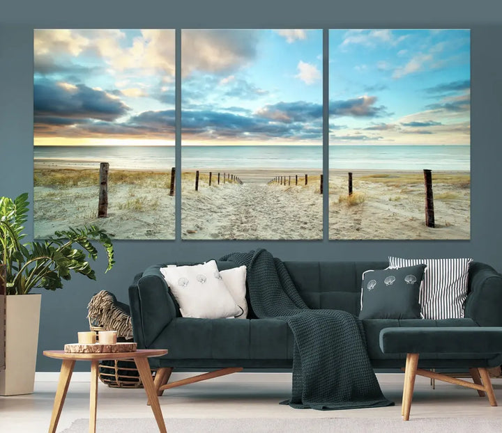 Sandy Beach and Sunset Ocean Nature Photo Wall Art Canvas Print