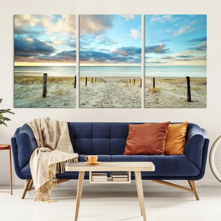 Sandy Beach and Sunset Ocean Nature Photo Wall Art Canvas Print