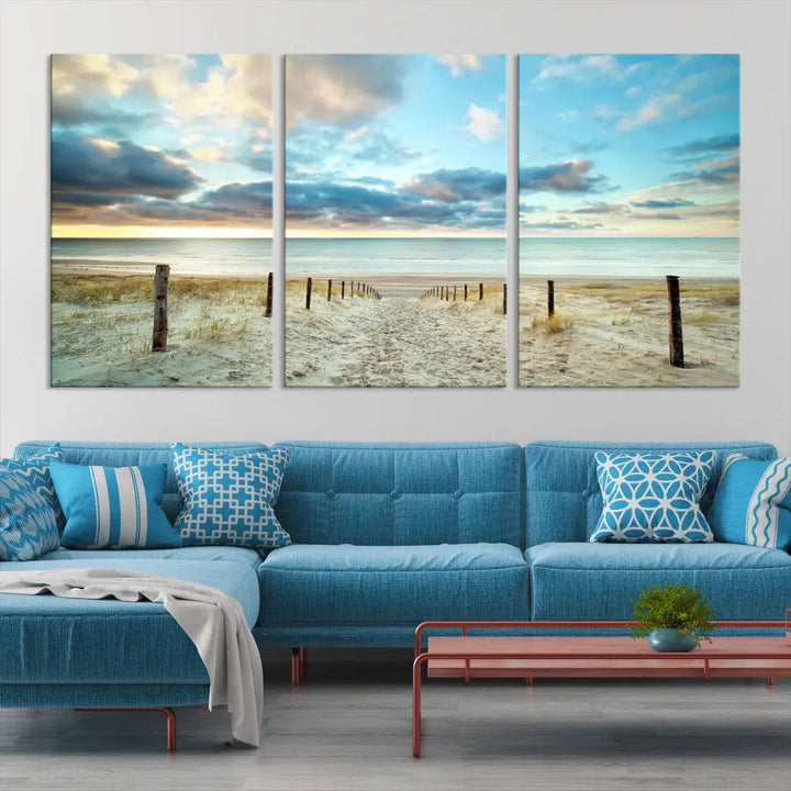 Sandy Beach and Sunset Ocean Nature Photo Wall Art Canvas Print