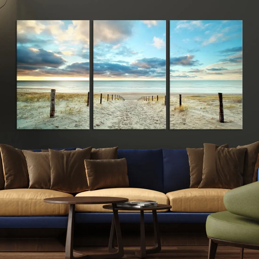 Sandy Beach and Sunset Ocean Nature Photo Wall Art Canvas Print