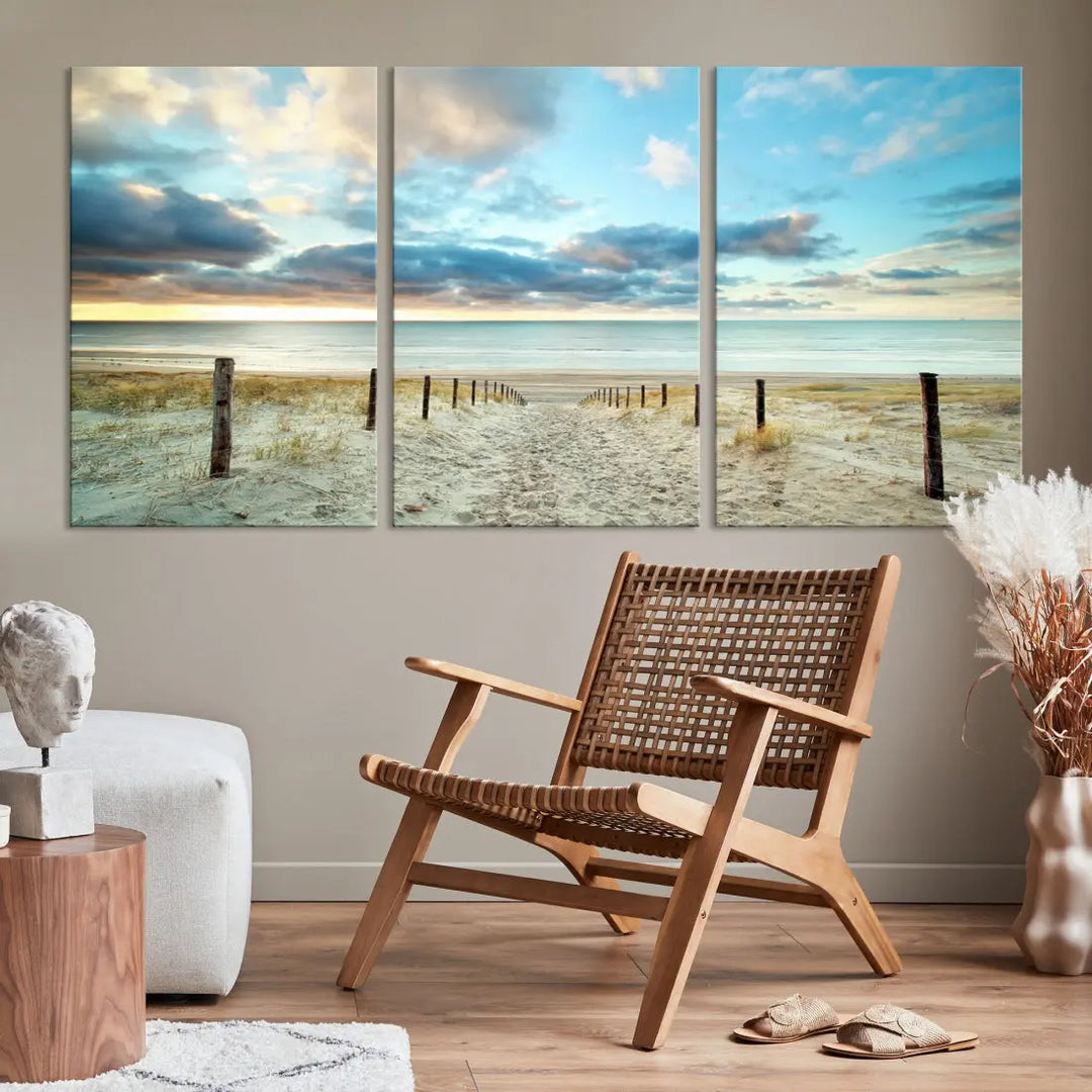 Sandy Beach and Sunset Ocean Nature Photo Wall Art Canvas Print