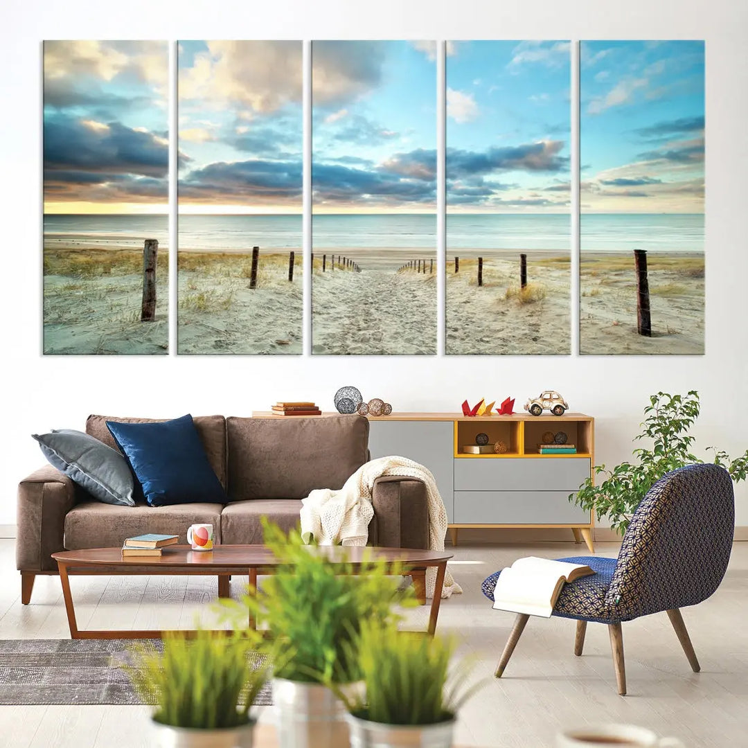 Sandy Beach and Sunset Ocean Nature Photo Wall Art Canvas Print