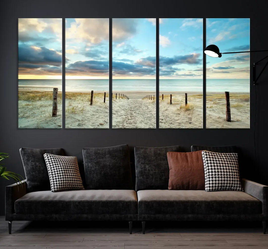 Sandy Beach and Sunset Ocean Nature Photo Wall Art Canvas Print